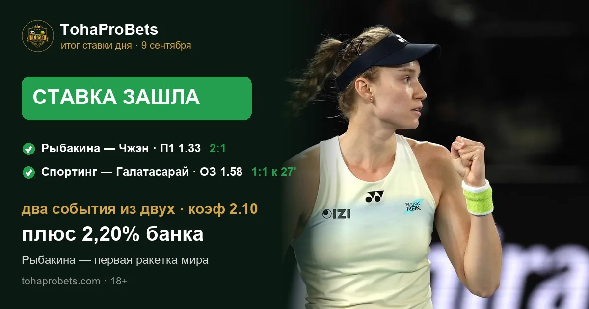 Итог ставки дня 9 сентября — экспресс за 2.10 зашёл: Рыбакина обыграла Чжэн в трёх сетах, Спортинг и Галатасарай забили ещё в первом тайме