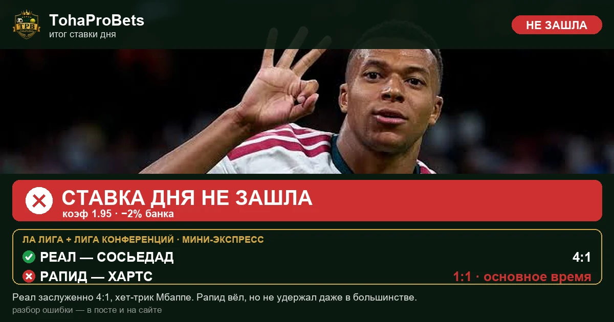 Итог ставки дня за 26 августа — Реал обыграл Сосьедад 4:1, Рапид не удержал победу над Хартсом, экспресс не зашёл